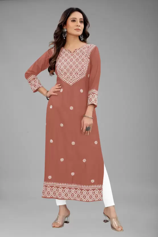 Women Embroidered Cotton Rayon Straight Kurta (Multicolor)