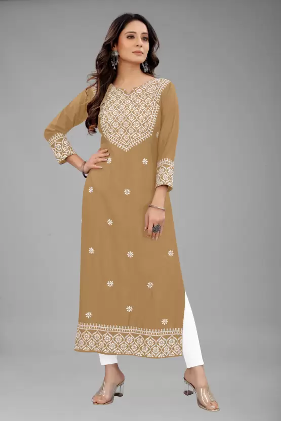 Women Embroidered Cotton Rayon Straight Kurta (Multicolor)