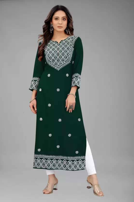Women Embroidered Cotton Rayon Straight Kurta (Multicolor)